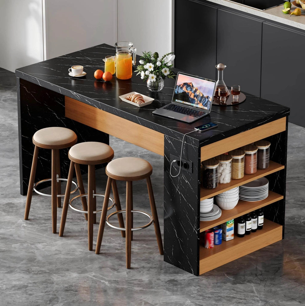 Isola cucina 155x80x90 cm con LED; prese AC e USB; MDF; nero/naturale