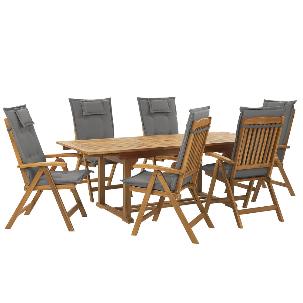 Set da pranzo da giardino in legno di acacia con cuscini grigio grafite Sedie pieghevoli regolabili a 6 posti in stile country per esterni