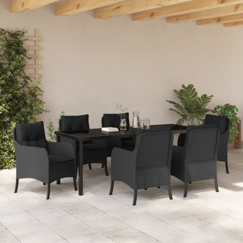Set da Pranzo da Giardino da 7 Pezzi con Cuscini in Rattan Poliestere Nero