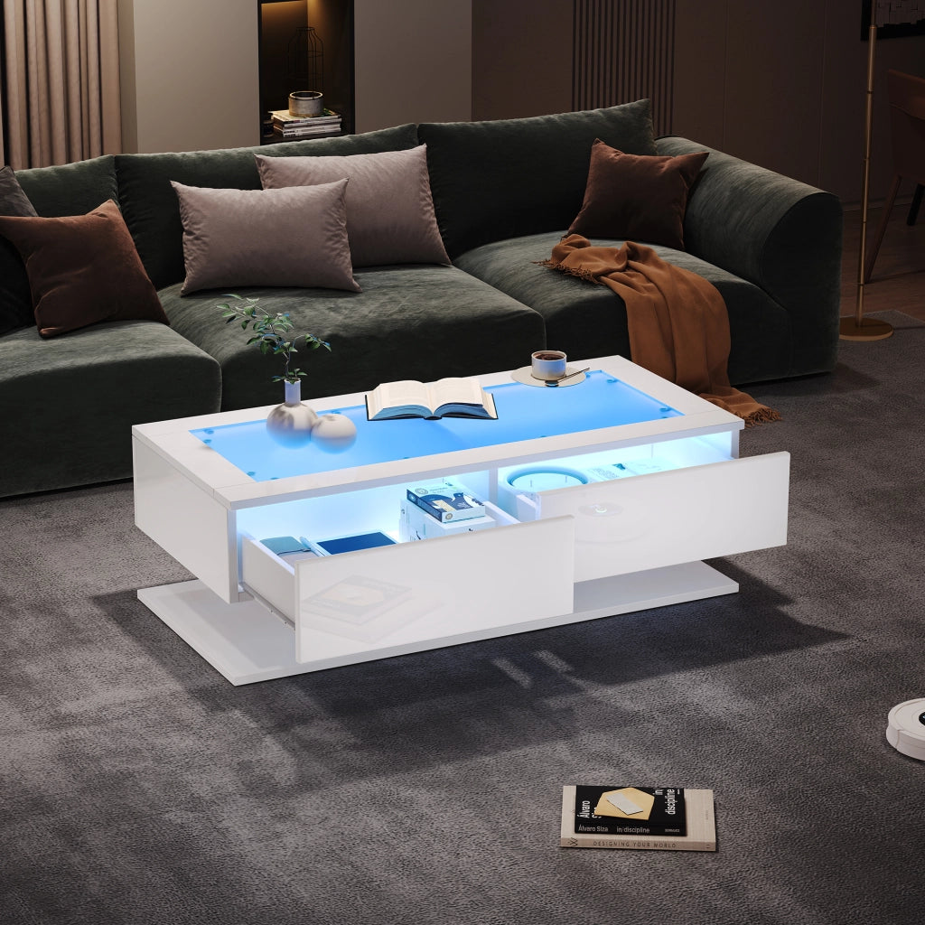 Tavolino basso con 2 cassetti piano in vetro temperato e LED da app in truciolare bianco 100 × 50 × 35 cm