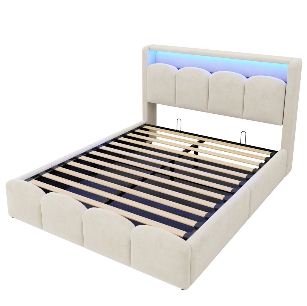 Letto matrimoniale 140x200 cm con contenitore idraulico, LED e USB-C in velluto beige
