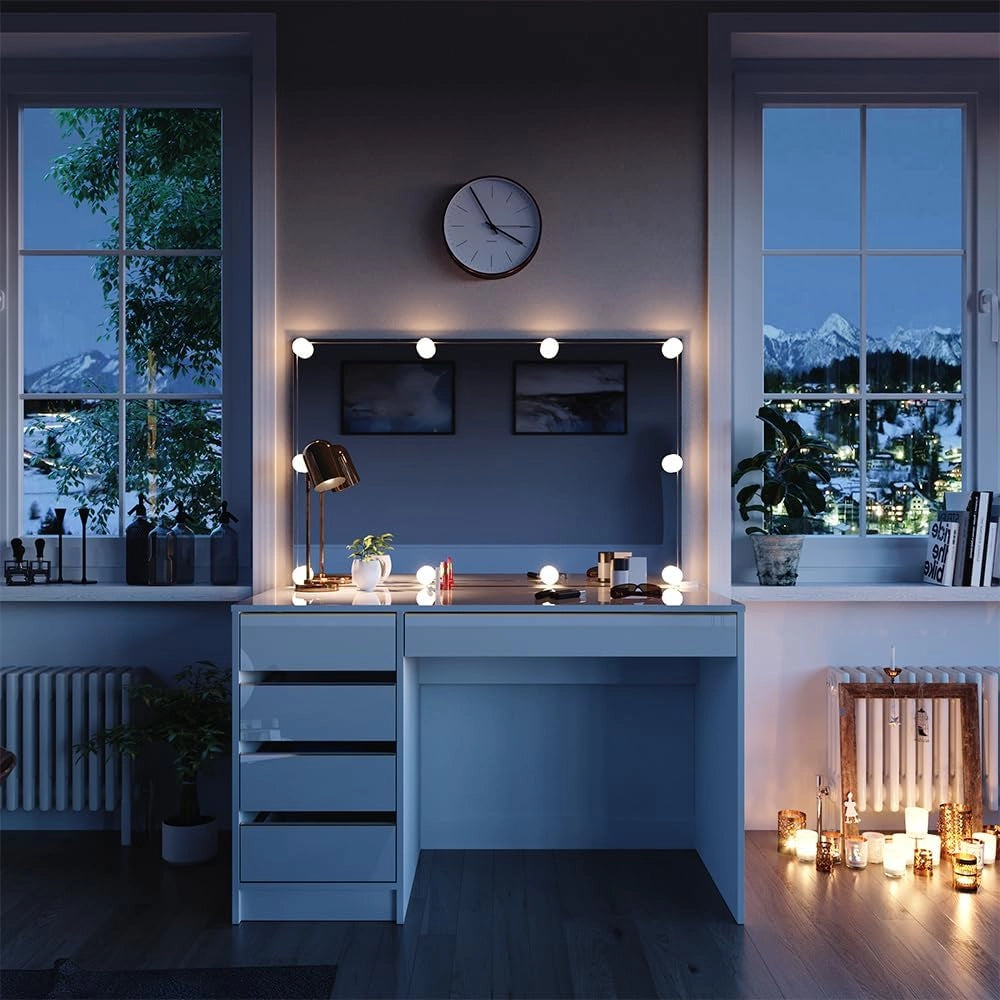 Tavolo da toilette Sherry, Bianco/Oro, 120 cm con illuminazione a LED, con illuminazione LED e grande specchio rettangolare