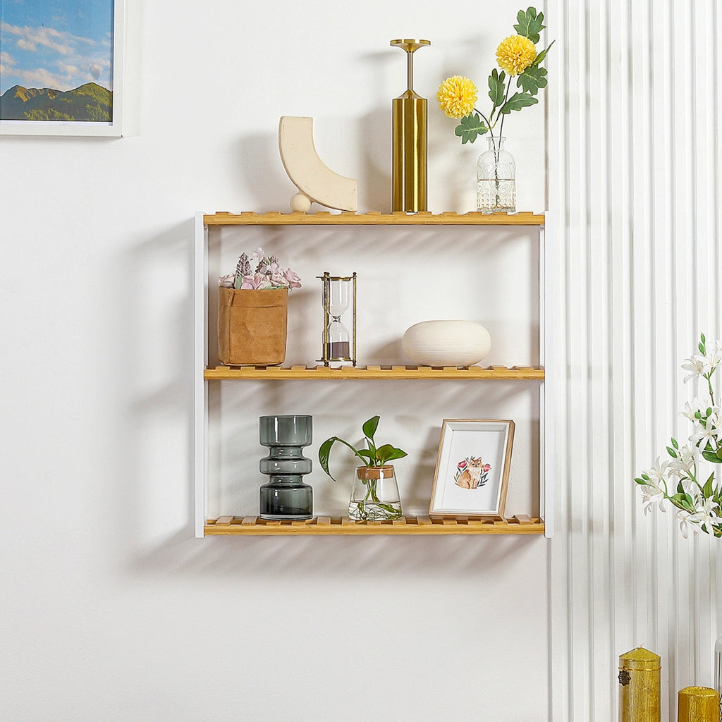 Scaffale a Muro in Bamb¨´ ¨C Xylo ¨C 3 Ripiani Naturale e Bianco 60x15x54 cm