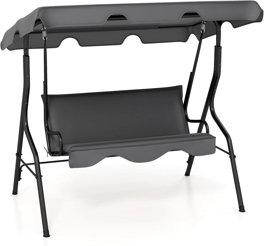 Dondolo da Giardino 3 Posti con Tettuccio Regolabile, Cuscino Removibile, Sedia Sospesso con Struttura in Metallo, Portata 225 kg, 172 x 110 x 154 cm (Nero)