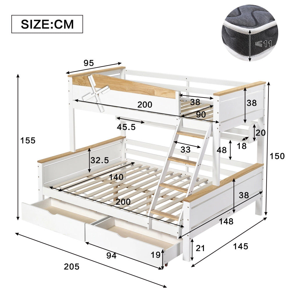 Letto a castello con mulino, cassetti e scaffali, bianco naturale, 90x200/140x200 cm