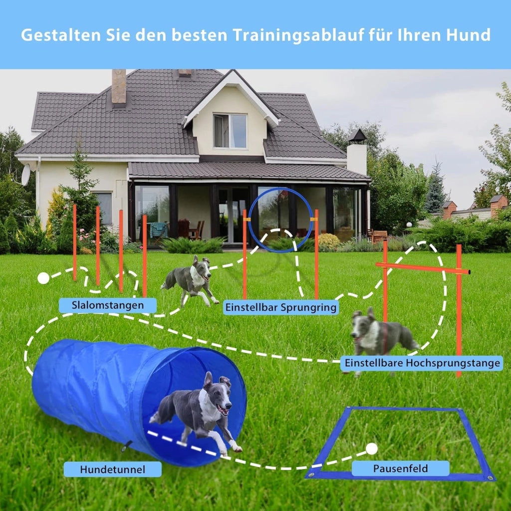 Agility Set di attrezzature per cani, giochi di addestramento per cani, accessori con ostacolo Agility, anello di salto, tunnel per cani, aste slalom, box pausa e borsa per il trasporto per