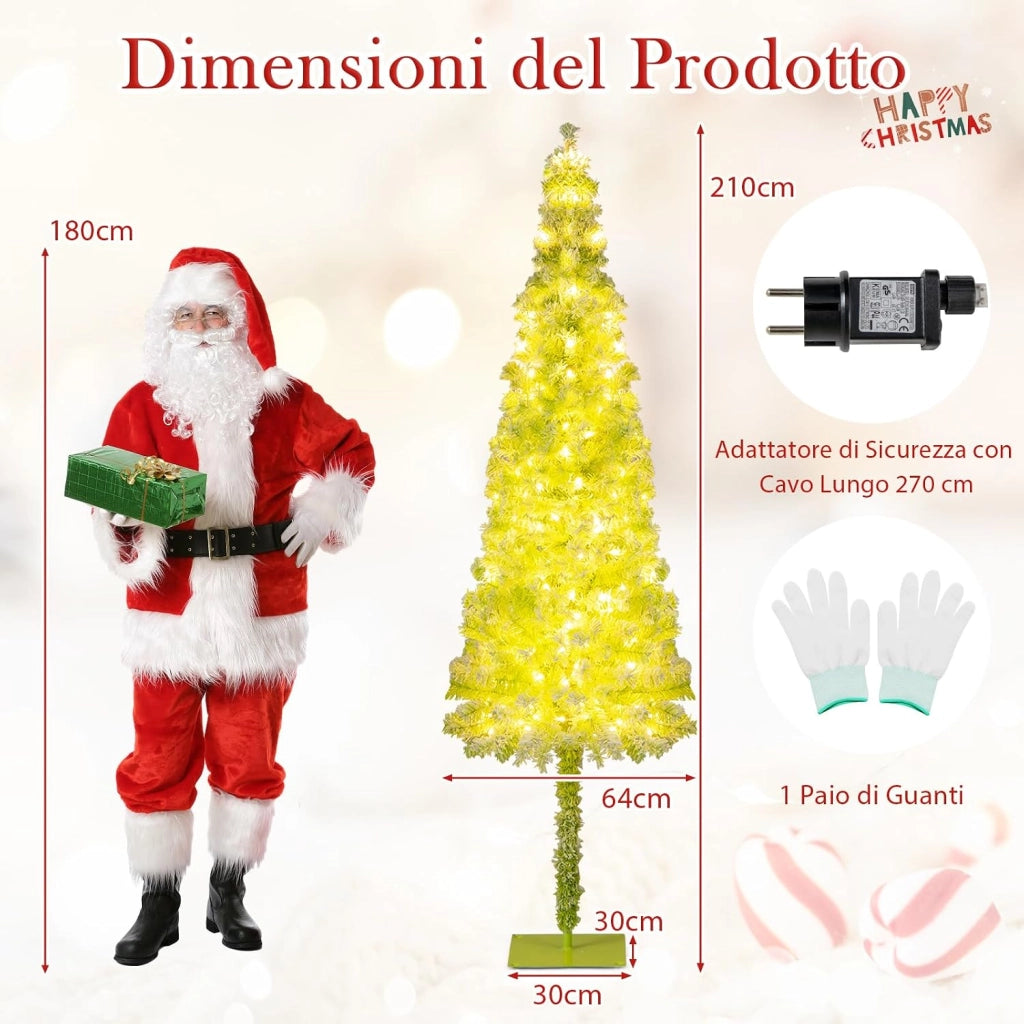 Albero di Natale da 150/180/210 CM, Albero di Natale Artificiale Slim Pre-Illuminato con Punta Flessibile, 216/290/366 Punte di Ramo, 80/120/160 Luci LED Bianche Calde e 8 Modalità (210 cm)