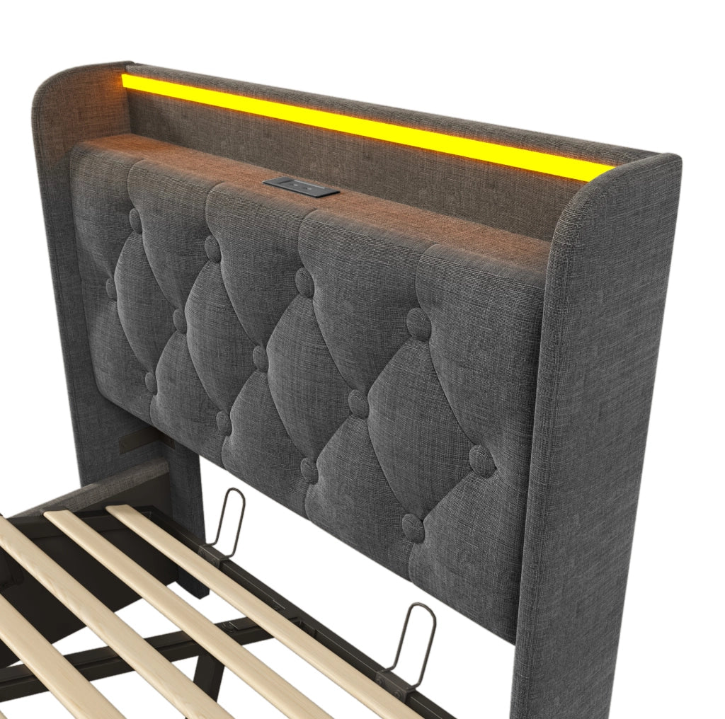 Letto singolo 90x200 cm con LED, contenitore idraulico e testiera con USB Tipo-C