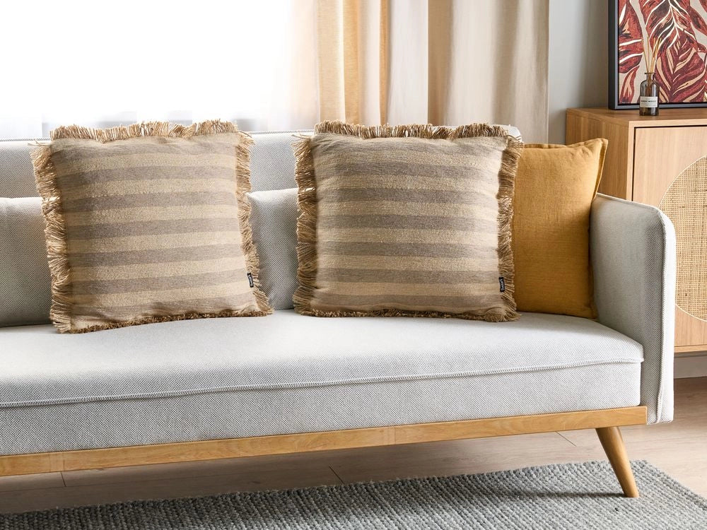 Set di 2 cuscini in iuta sfoderabile con imbottitura con bordo decorativo a righe 45 x 45 cm Beige accessori decorativi boho