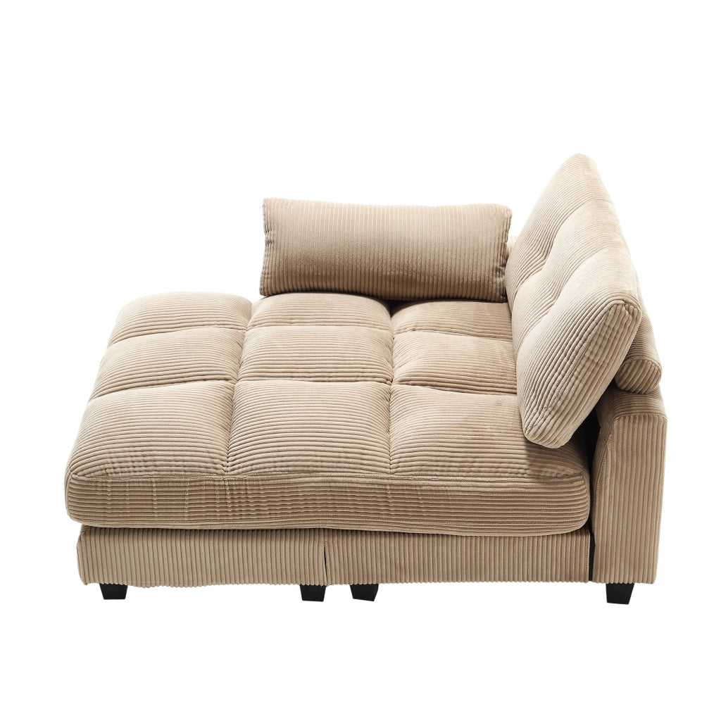 Poltrona Chaise Longue con Poggiatesta Regolabile, USB, 3 Portabicchieri e Tasca Laterale, in Velluto a Coste Cachi 140 × 112 × 81 cm