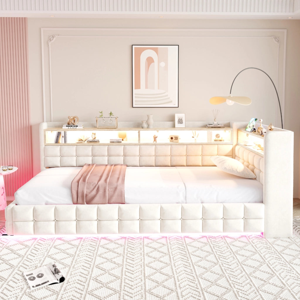 Letto imbottito con contenitore 90x200 cm in velluto beige; LED; prese e ripiani
