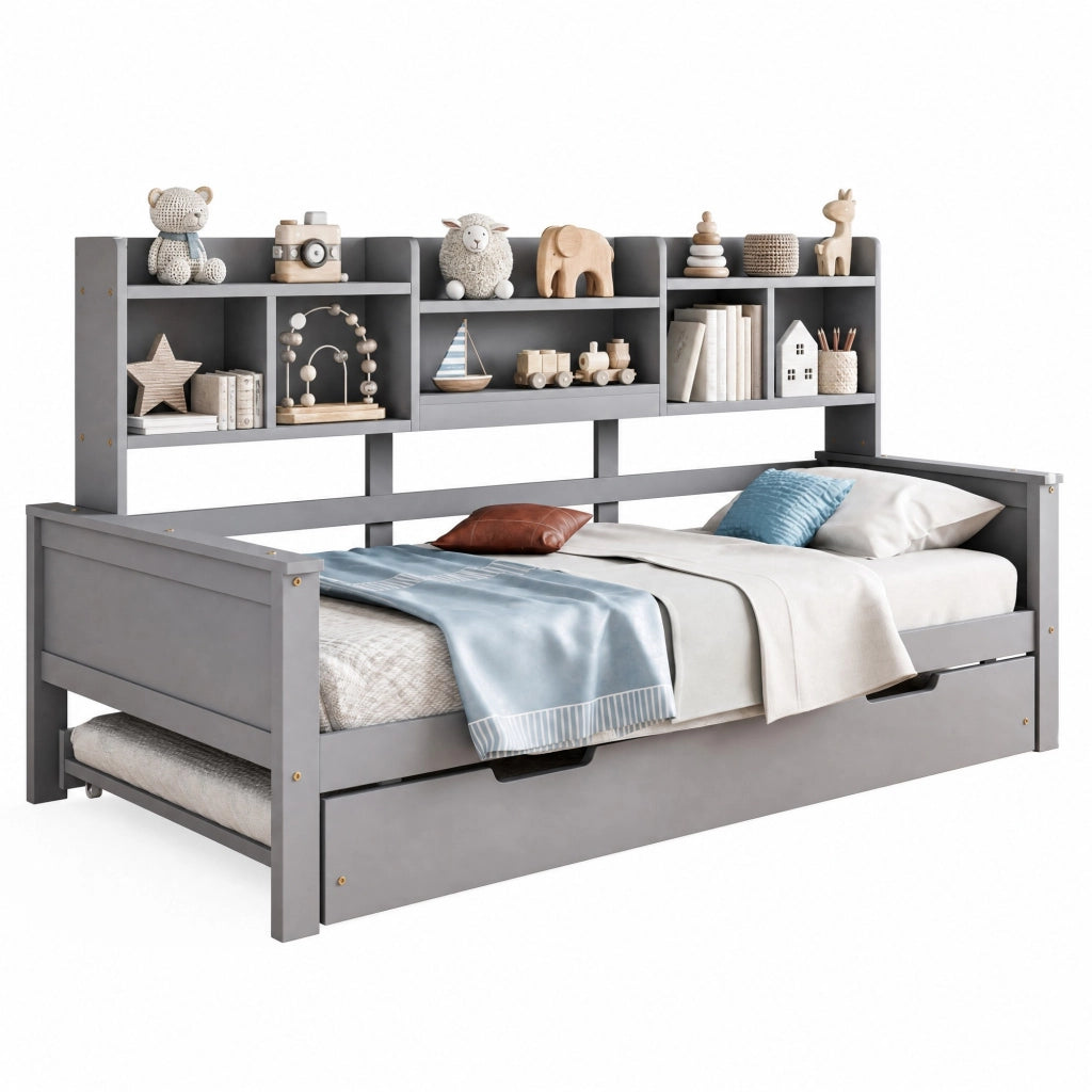 Letto multifunzione in pino grigio 90x200 cm con letto estraibile e ripiani