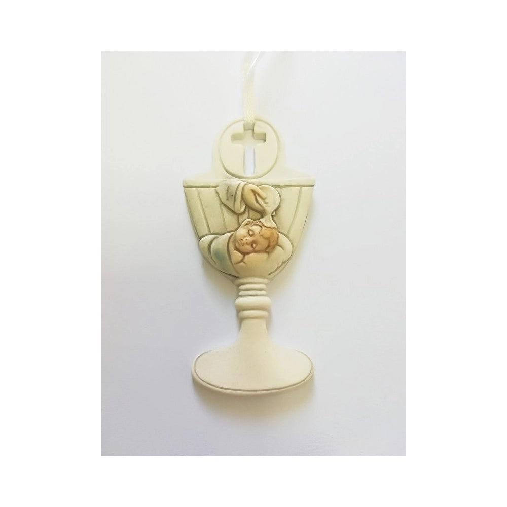 Trade Shop - Bomboniere Per Battesimo Bambino Calice Acqua Santa Bianco Ceramica Appendino -