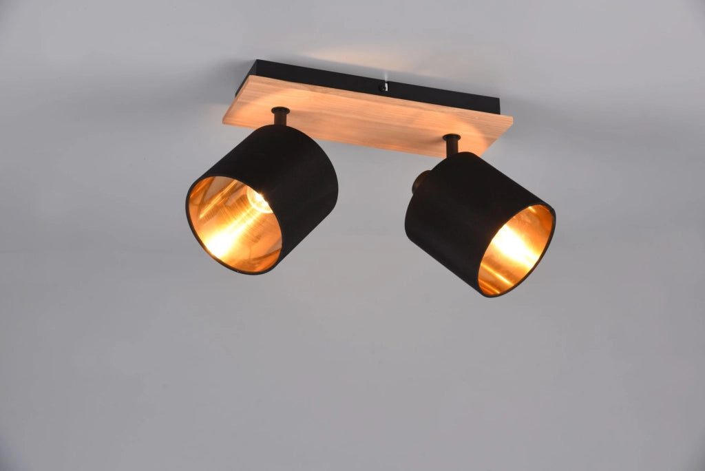 TOMMY BARRA 2 SPOTS BASE LEGNO CON PARALUMI NERO E ORO L. 30CM 2 LUCI ATTACCO E14