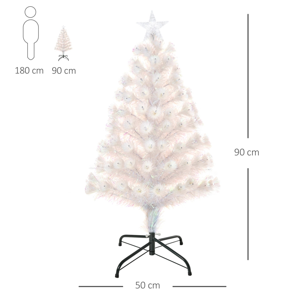 Easycomfort Albero di Natale Artificiale 90cm con 90 Luci LED Colorate e Fibre Ottiche, 90 Rami, Base in Metallo Pieghevole, Bianco