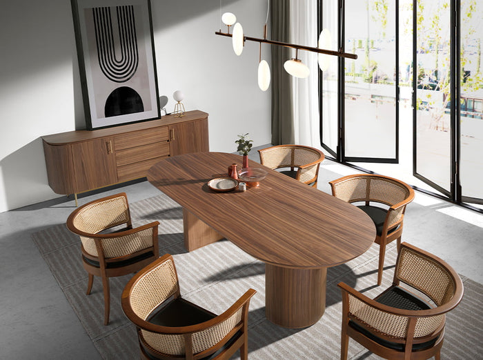 Sedia ecopelle rattan e legno di noce