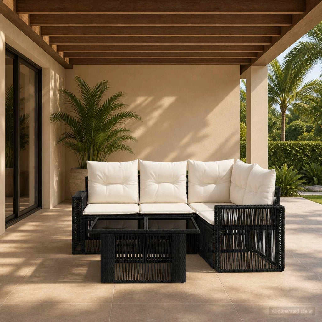 Set Divano da Giardino 5 pz Nero e Bianco Crema polyrattan 3436786