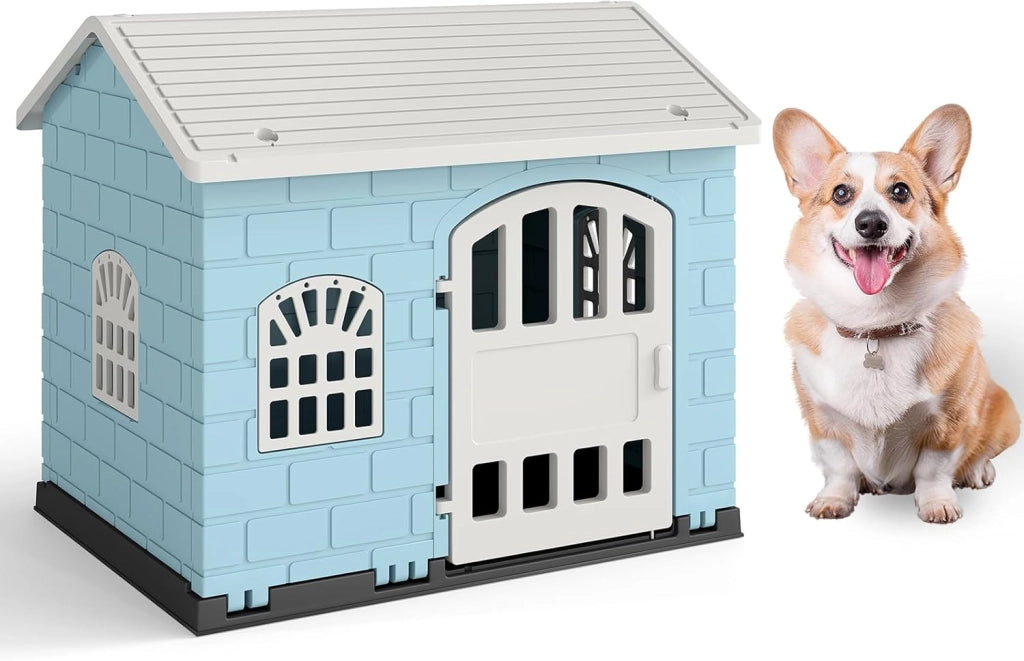 Cuccia per Cani da Esterno ed Interno, Casetta per Cani con Porta Bloccabile, 3 Finestre e Tetto Inclinato, Cucce in Plastica Impermeabile per Cagnolini Piccoli, 75 x 58 x 65 cm (Blu)
