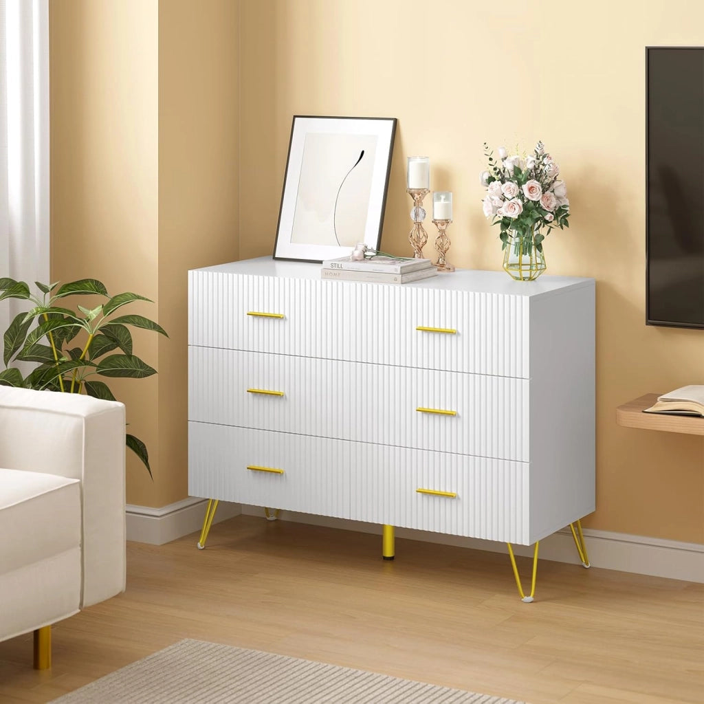WOLTU Comò Bianco per Camera da Letto, Cassettiera 6 Cassetti in Legno con Gambe Metalliche Dorate, Mobile Contenitore per Soggiorno o Ingresso, Dimensioni 100x40x75 cm, KMD002ws