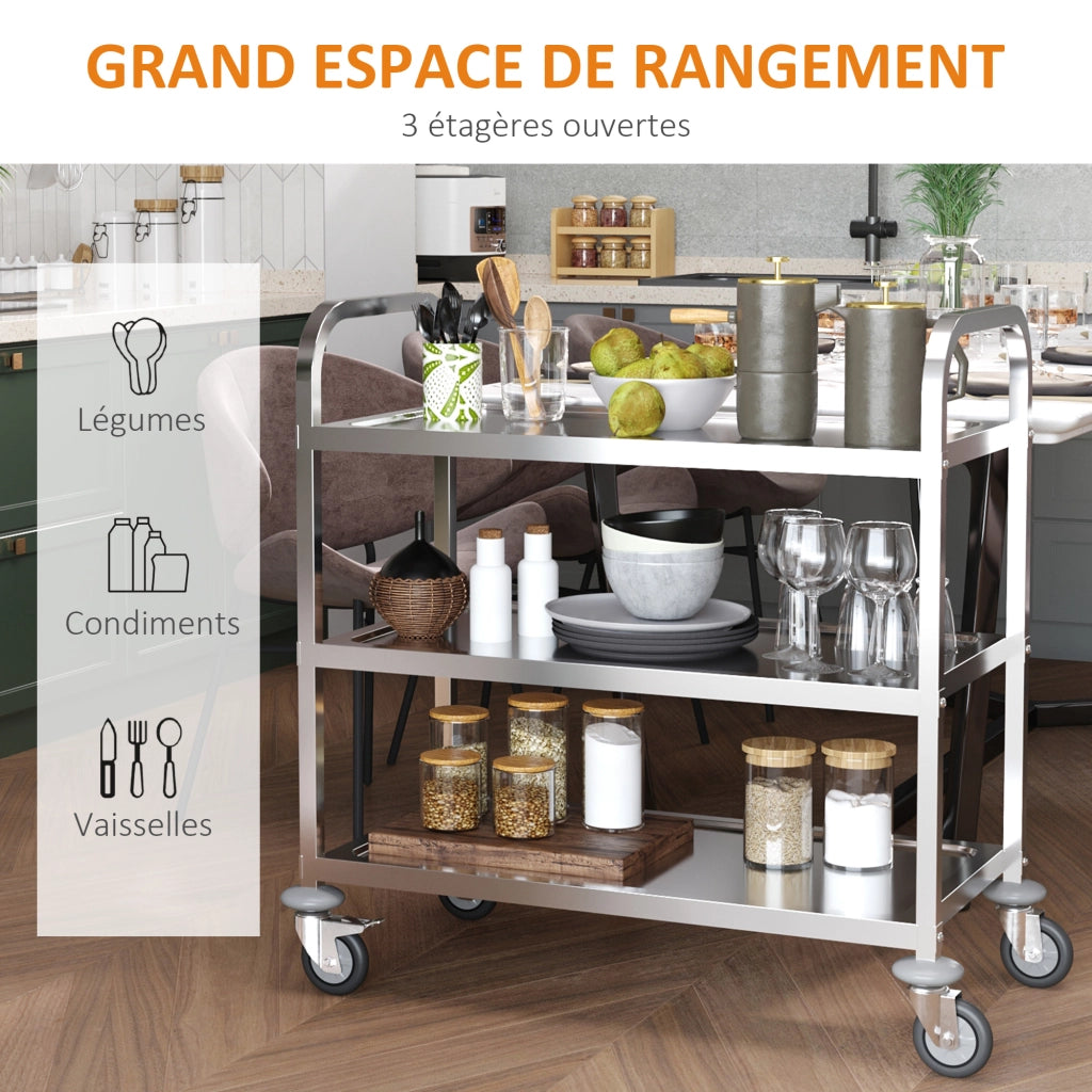 Carrello cucina 3 ripiani con ruote ¨C Xylo ¨C acciaio inox argentato 90,5x50,5x88,2 cm