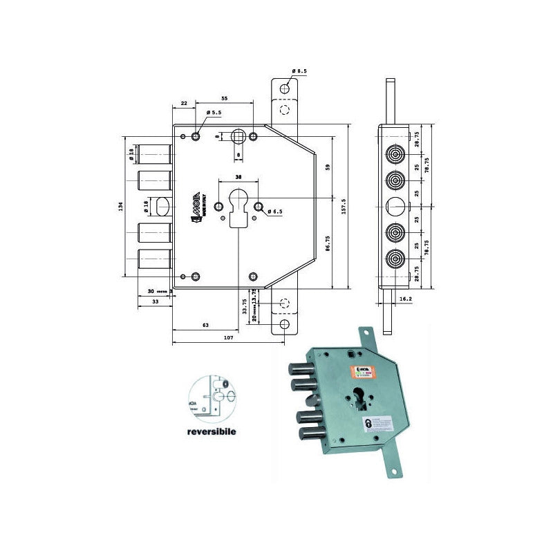 Serratura Sic.Triplice Sx Cil. E63 Rco654/250 Moia