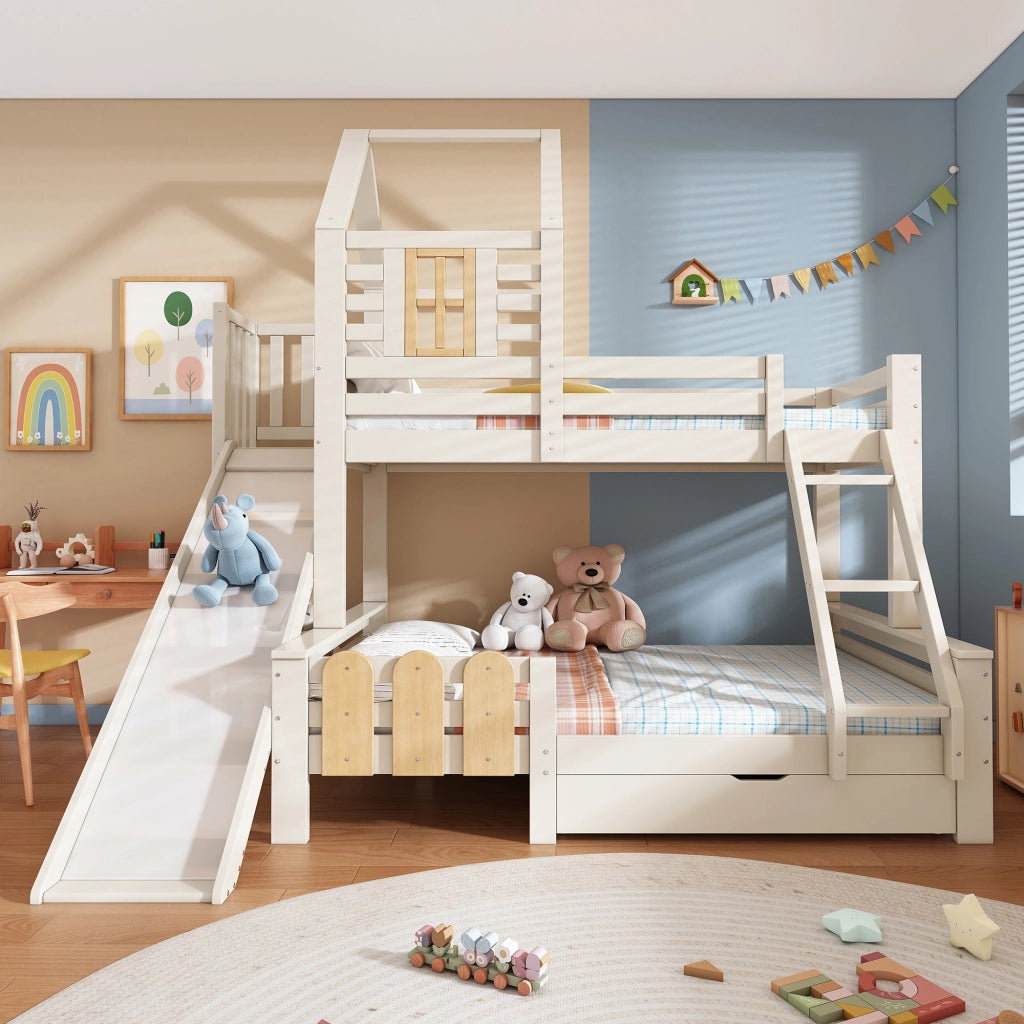 Letto a castello per bambini 90x200/140x200 cm con scivolo, scala, cassetto e rete a doghe