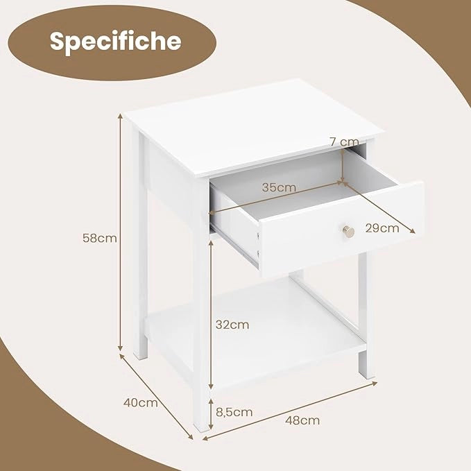 Comodino in Legno con Cassetto, Tavolino Laterale per Divano o Letto con Scaffale Aperto, Tavolino Compatto con Spazio di Archiviazione, Comò Salvaspazio per Camera da Letto