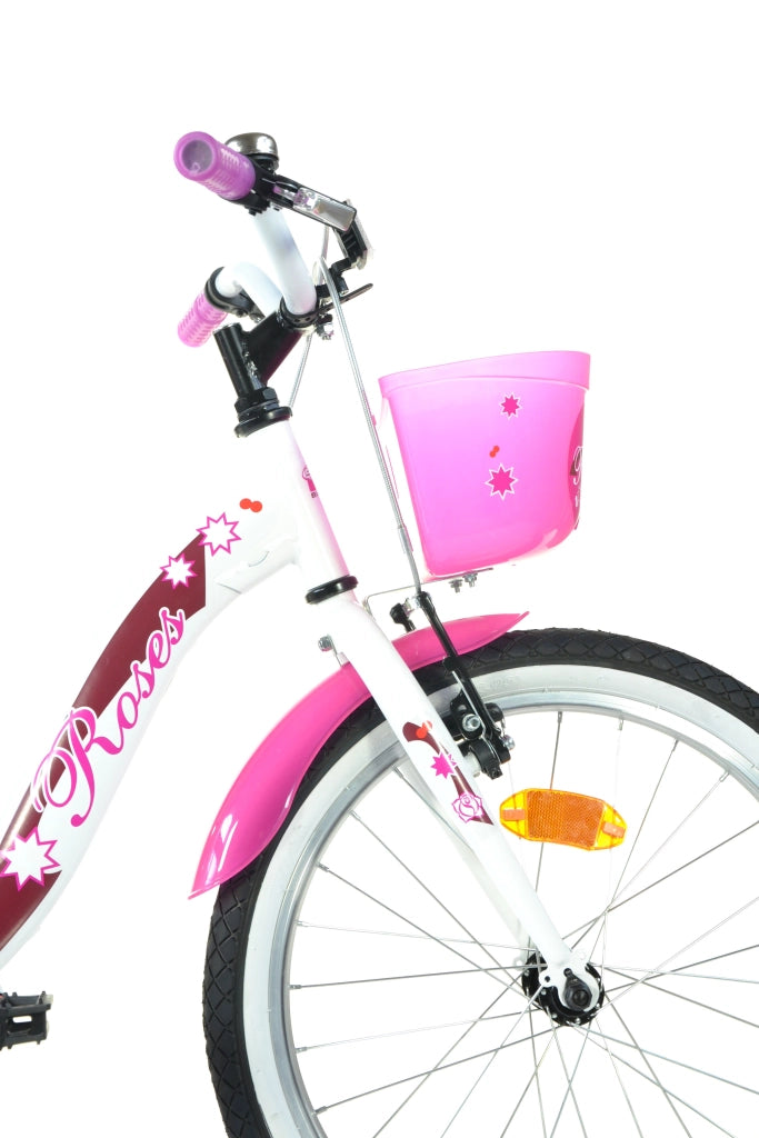 SCH ROSES 20", bicicletta per bambini, adatta a bambini tra i 6 e i 10 anni, per altezza tra 120 e 155 cm, cestino, camp