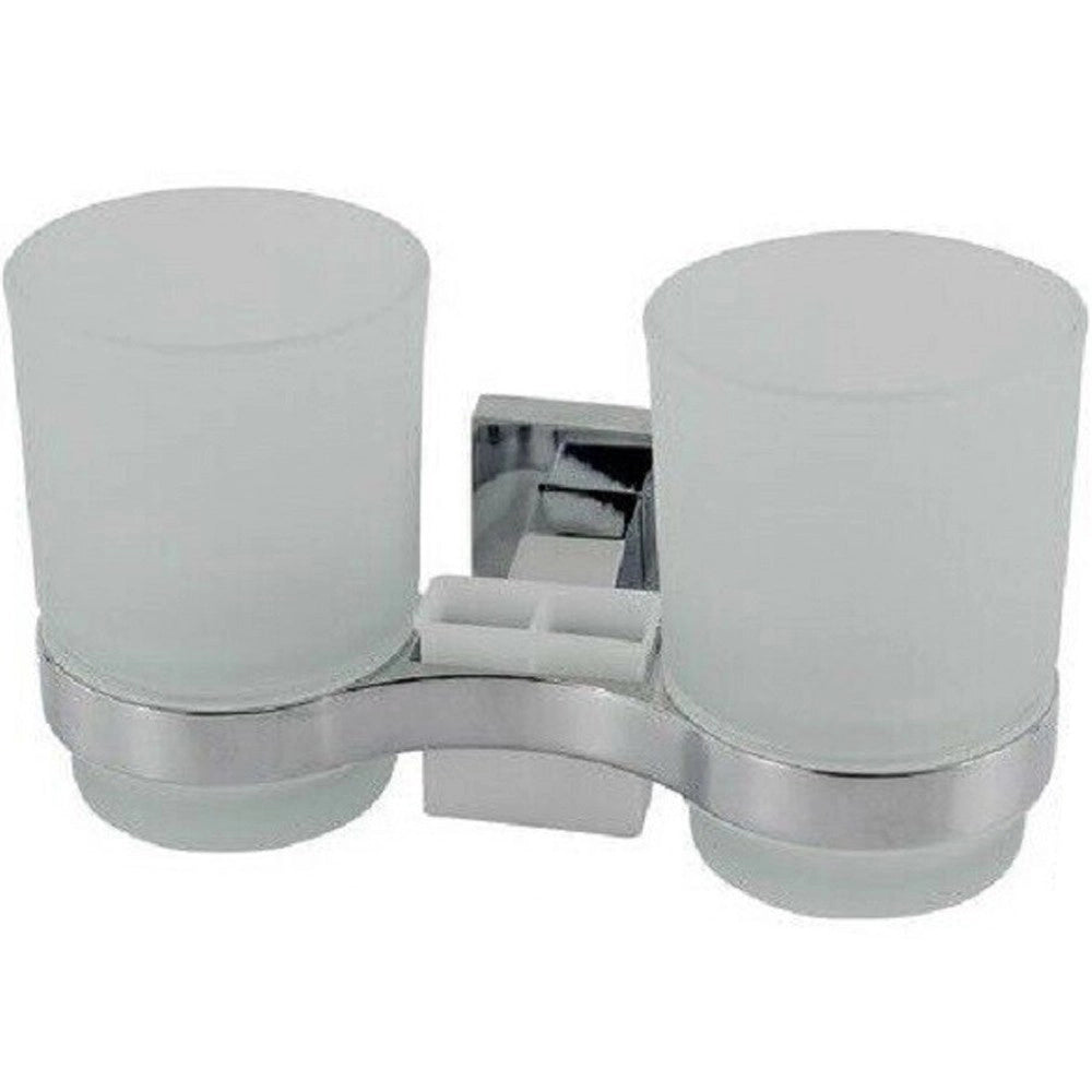 Trade Shop - Porta Spazzolino 2 Bicchieri Dentifricio Muro Parete Acciaio Vetro Square 59187 -