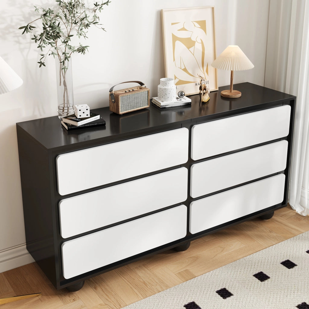 Comò 6 cassetti 140 × 38 × 74,5 cm, Bianco/Nero, in pannello di legno