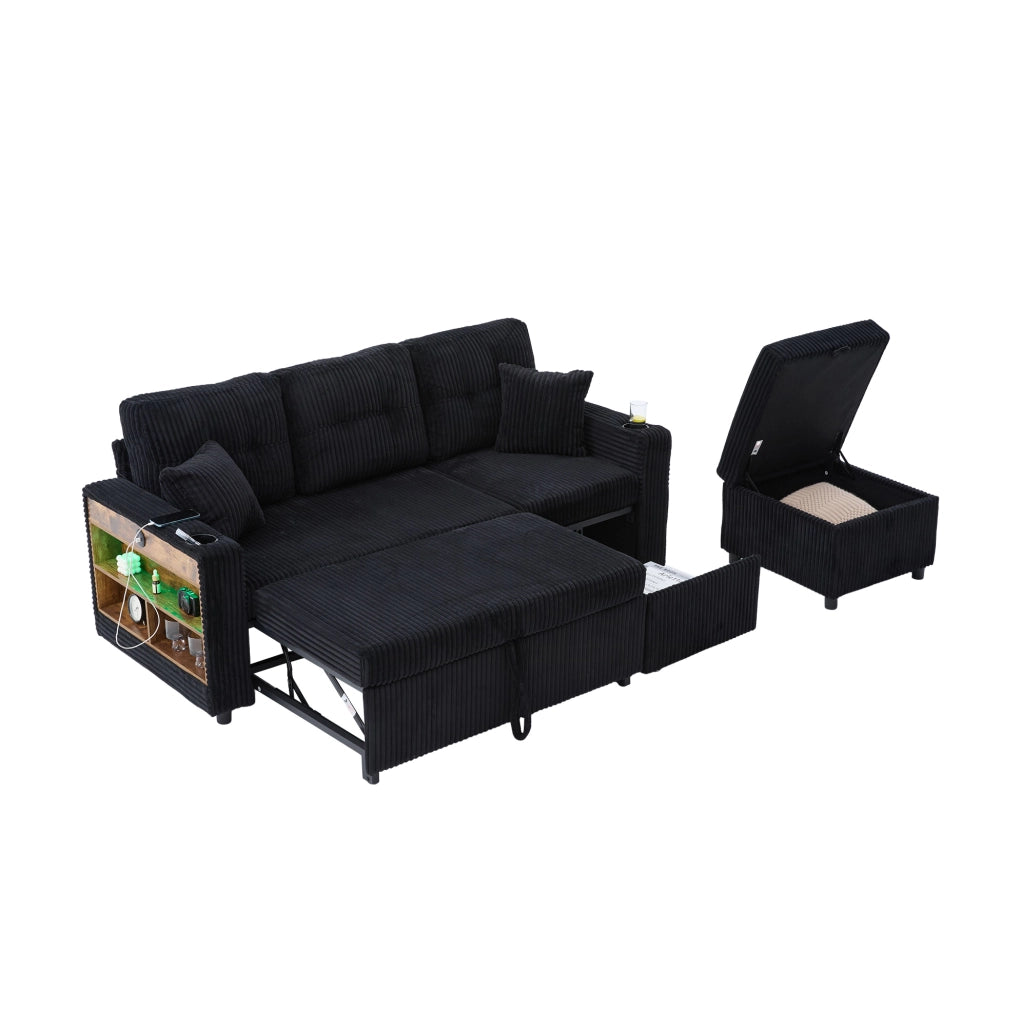 Divano letto estraibile con contenitore; USB-C e LED in velluto a coste nero; 196x82x85 cm