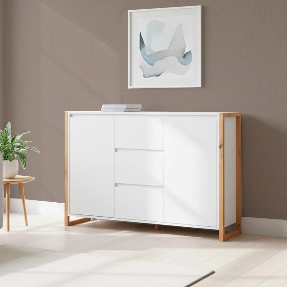 Credenza New Denver2 con 3 cassetti e 2 ante bianco e rovere 120x40x88H