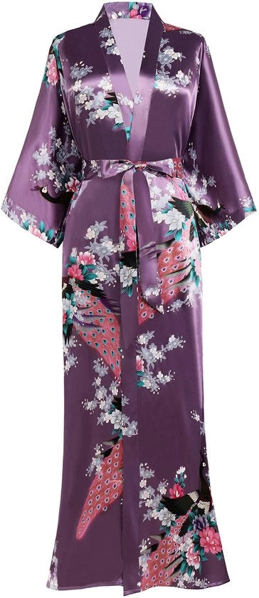 Kimono maxi in seta con disegno di foglia per donna, lunghezza 135 cm, colore blu scuro.