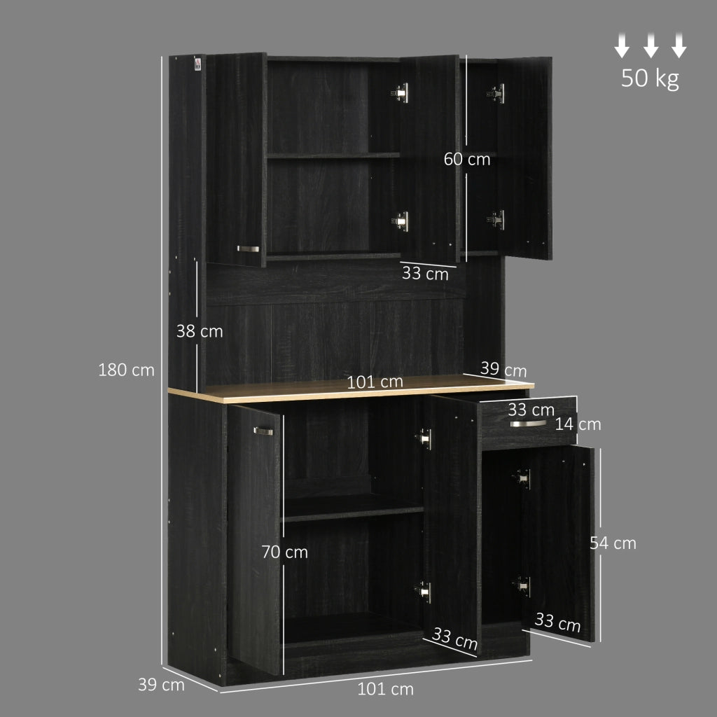 Mobile Dispensa Alto in Legno con Cassetti e Armadietti. 101x39x180 cm. Nero