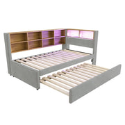 Letto estraibile 2 posti 90×200 cm e 90×190 cm con LED; USB; Type-C; ripiani; senza materasso; grigio chiaro