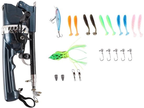 Attrezzo per pesca portatile - Asta telescopica - Hanno con molinetto - 21 ganci - Adatto per acqua salata e dolce - Manico ergonomico