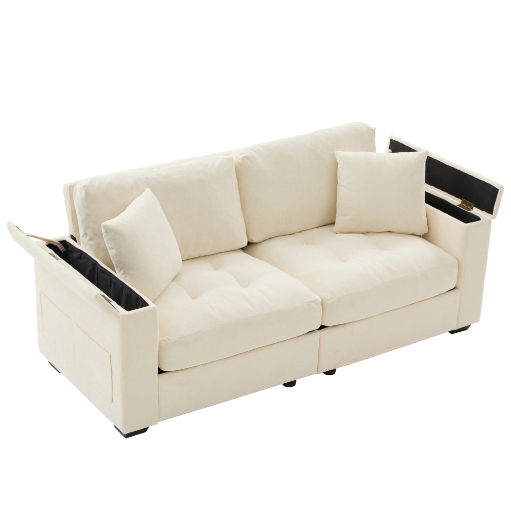 Divano lineare 2 posti con contenitore nei braccioli e tasche laterali in chenille beige