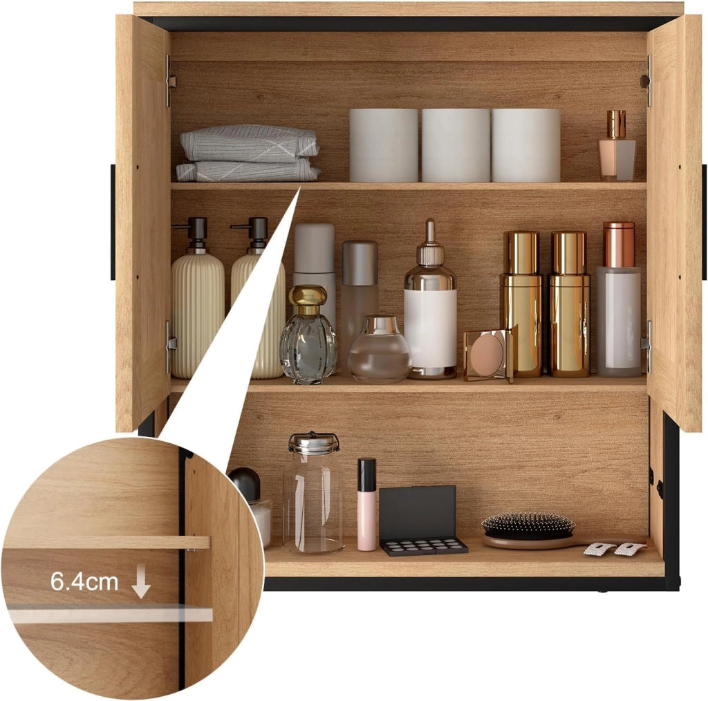 Set di Mobili da Bagno Salvaspazio, Armadietto Con Specchio, Mobiletto Sottolavabo da Terra, Rovere Chiaro+Nero