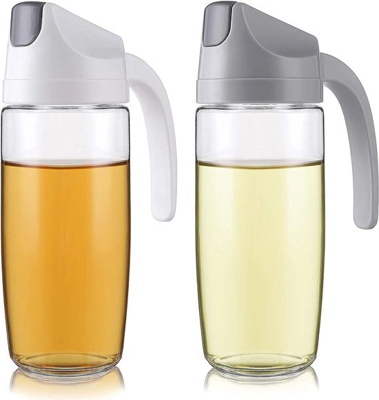 Set di 2 flaconi di olio a doppio effetto da 600 ml, flacone di olio con cappuccio automatico e stop, dispensatore di olio in vetro per olio, aceto, barbecue, bianco e grigio