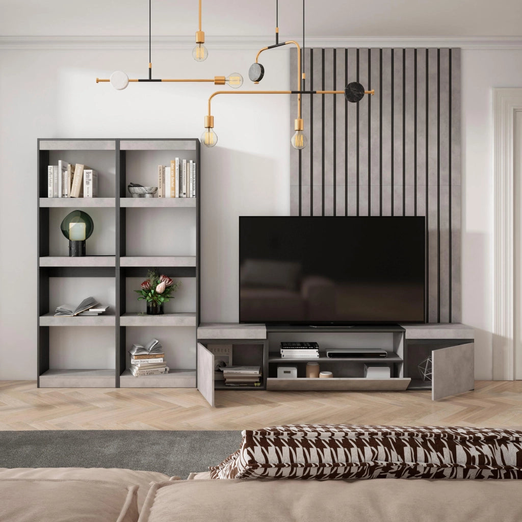 Mobile TV, Soggiorno, 320x35x186cm, Per TV fino a 80", Set di mobili, grigio cemento RF2605