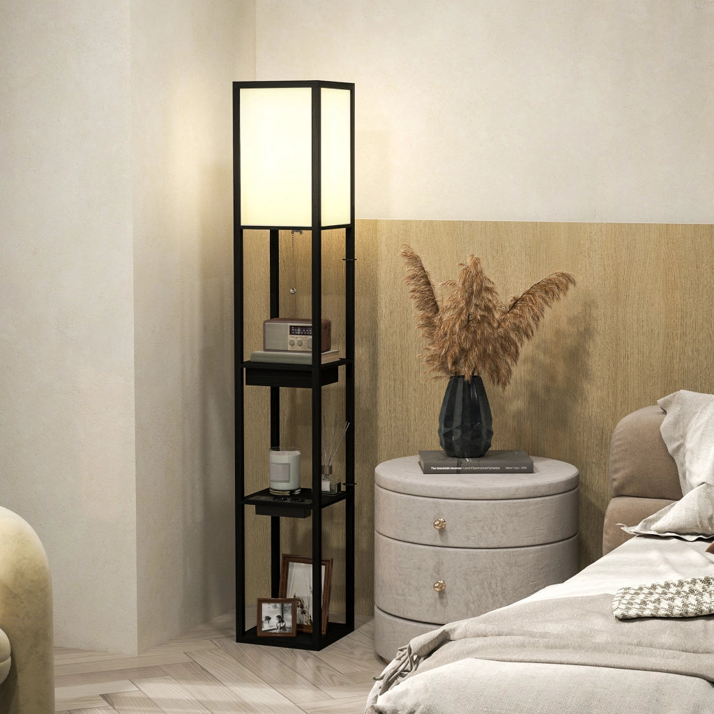 Lampada da terra con scaffale 3 livelli, interruttore a pedale, porte USB ¨C zephmum ¨C MDF, nero