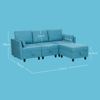 Divano 3 Posti Componibile Modulare con Pouf Poggiapiedi e Cuscini 213x156x88 cm Blu