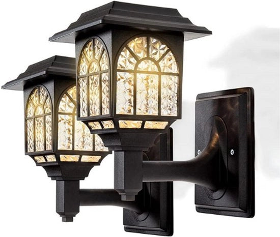 Lampade Solari Esterne - LED Energie Fotovoltaica Impermeabili Illuminazione Senza Fili - Lampada di Muro per Esterni Decorazione Porta Patio Giardino Garage - Luce Bianca Calda 2 Pezzi