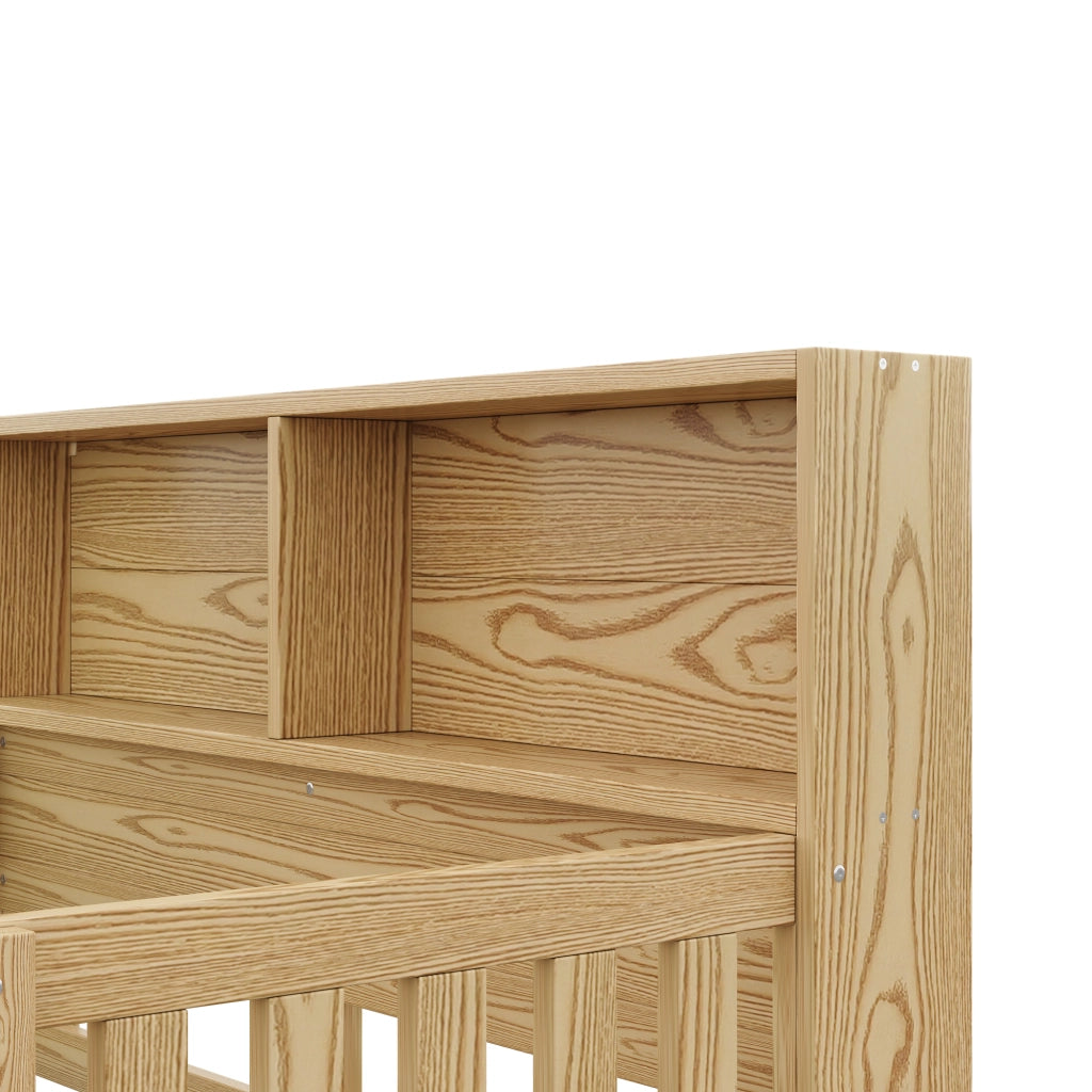 Letto per bambini 140×200 cm con testiera contenitore; sponde di sicurezza e LED; senza materasso; naturale