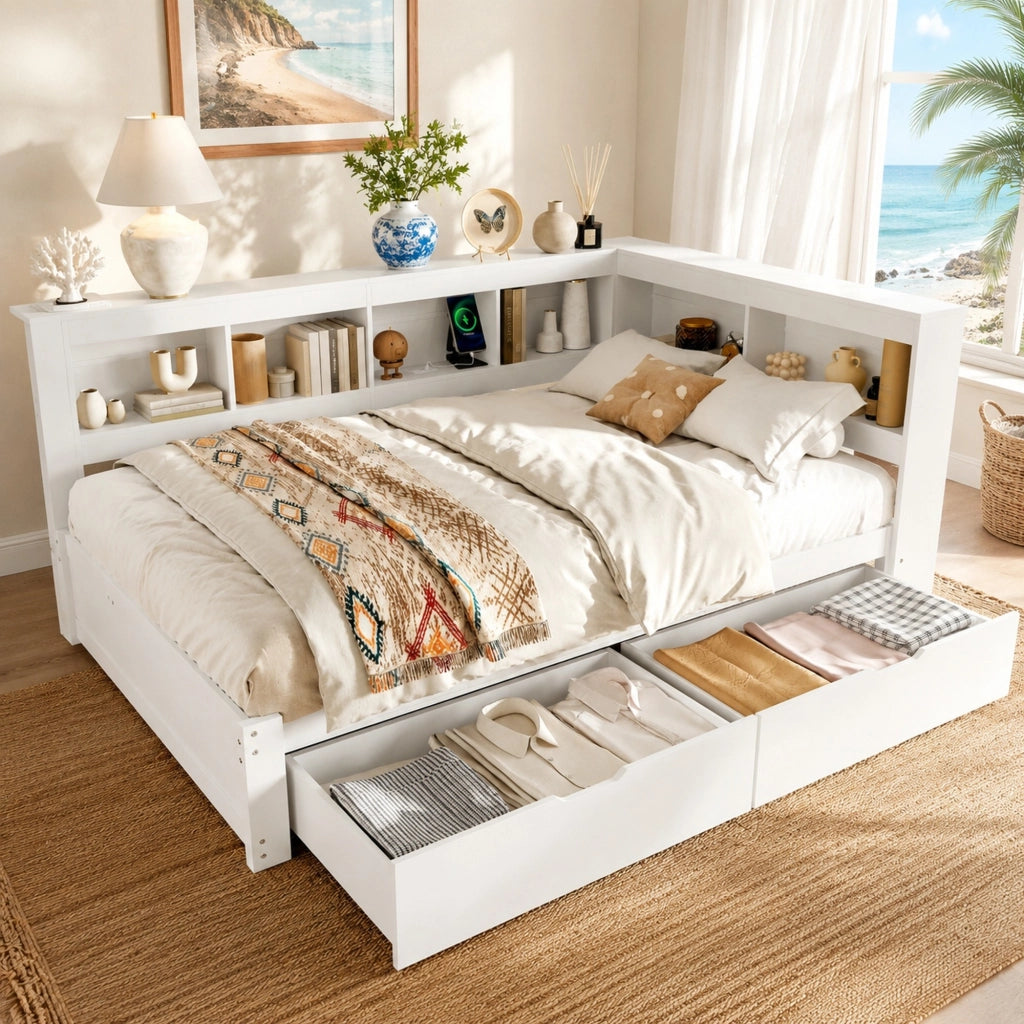 DESMIU Divano letto 140 × 200 cm 2 posti con 2 cassetti, presa di corrente e 2 porte USB, senza materasso, bianco