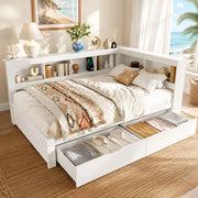 DESMIU Divano letto 140 × 200 cm 2 posti con 2 cassetti, presa di corrente e 2 porte USB, senza materasso, bianco