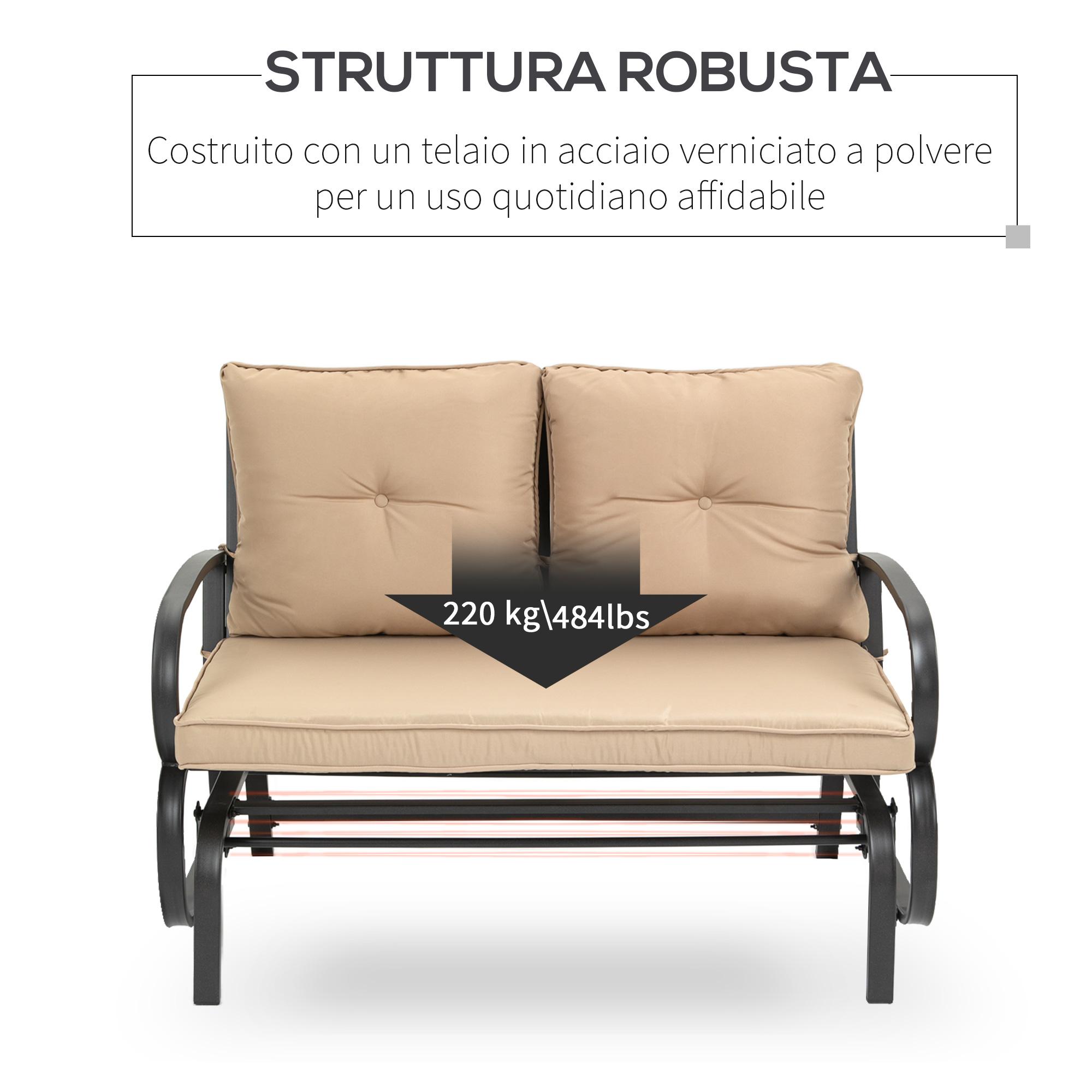 Panchina Dondolo da Giardino 2 Posti 122x70x87 cm in Acciaio e Ghisa con Cuscini Khaki