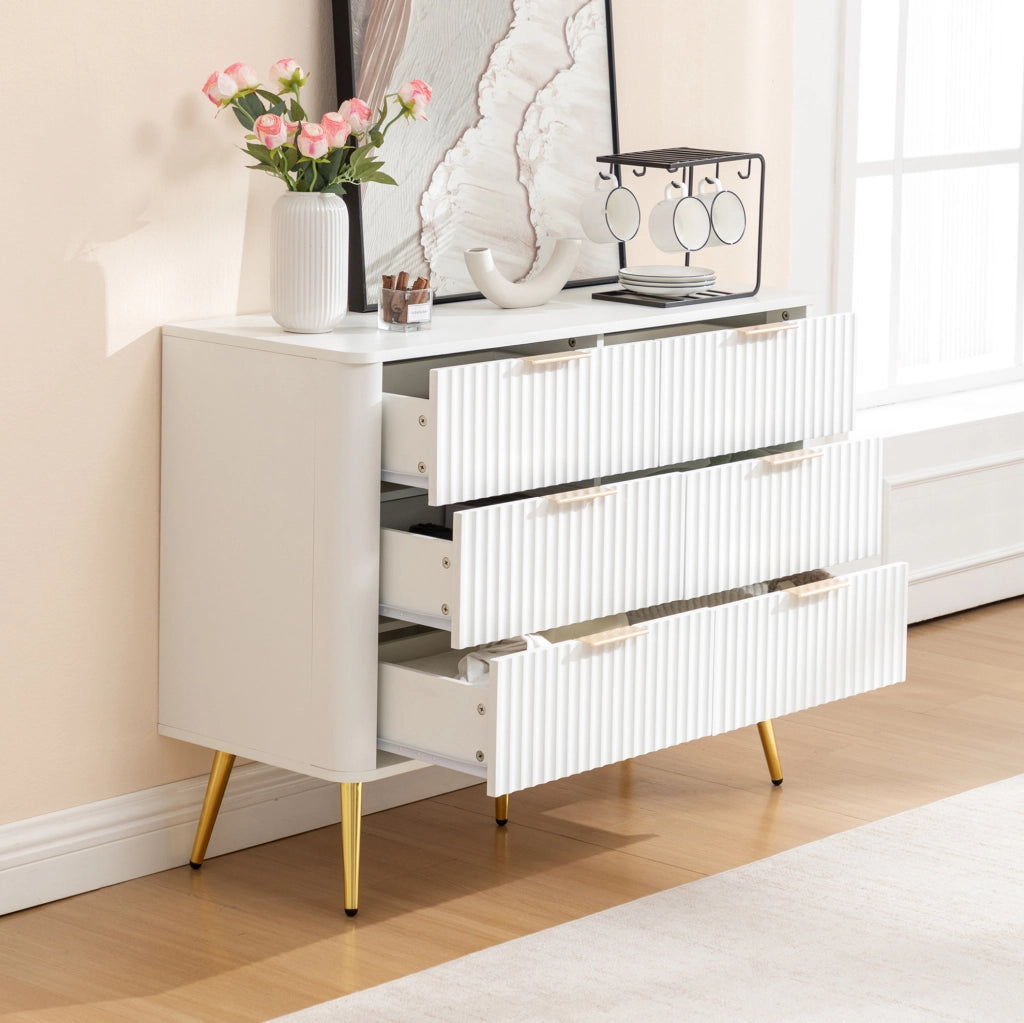 Cassettiera bianca in MDF con 6 cassetti; guide soft-close e maniglie in metallo