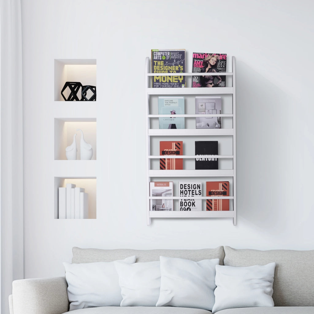 Libreria da Parete con 4 Ripiani in Legno Bianco Impermeabile, Carico Massimo 30kg (59cm x 12cm x 113cm)