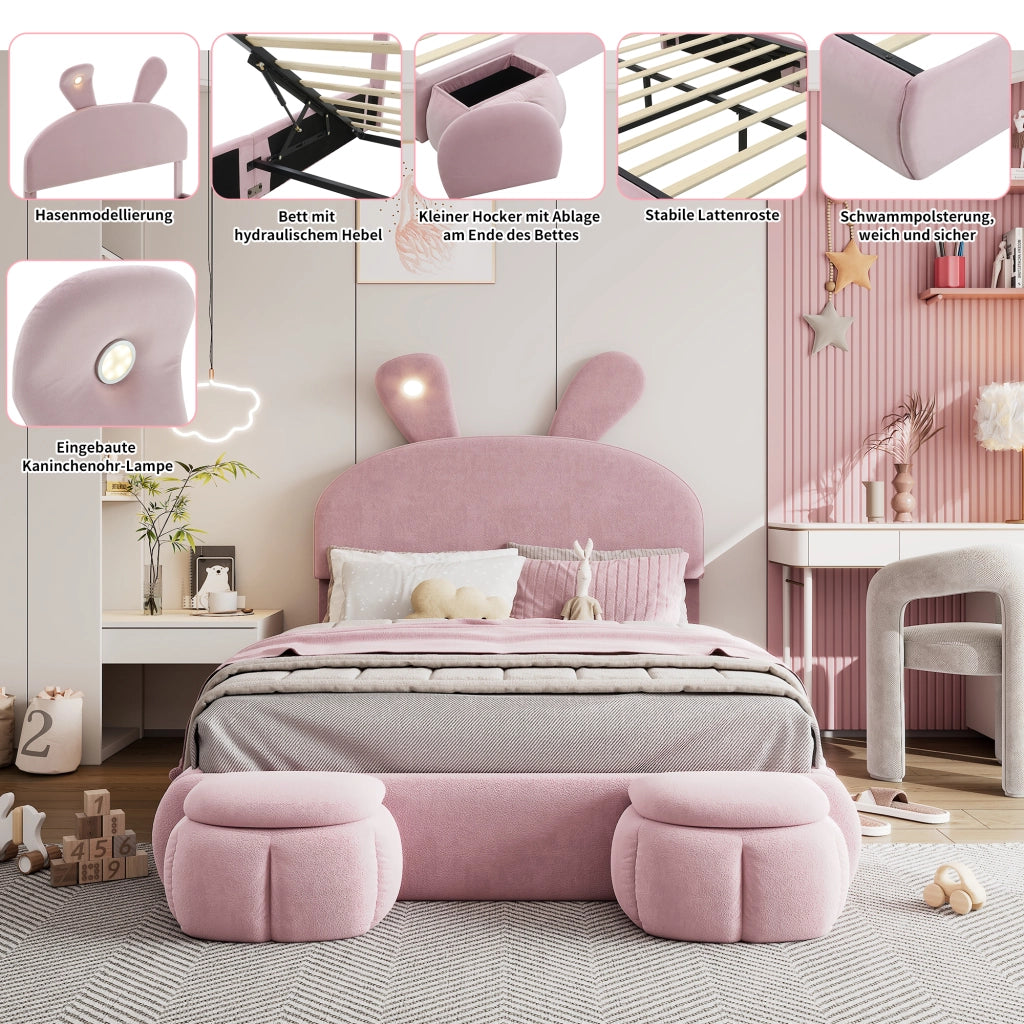 Letto Contenitore 140 x 200 cm; Letto Matrimoniale - LED Regolabile e 2 Pouf - Rosa